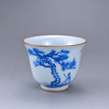 Load image into Gallery viewer, 80ml Qinghua Pine Tree Moon White Ruyao Bell Teacup 汝窑青花手绘松树
