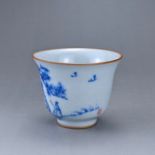 Load image into Gallery viewer, 80ml Qinghua Pine Tree Moon White Ruyao Bell Teacup 汝窑青花手绘松树
