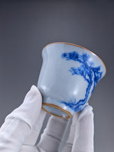 Load image into Gallery viewer, 80ml Qinghua Pine Tree Moon White Ruyao Bell Teacup 汝窑青花手绘松树