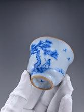 Load image into Gallery viewer, 80ml Qinghua Pine Tree Moon White Ruyao Bell Teacup 汝窑青花手绘松树