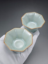 Load image into Gallery viewer, Pair of Matching 90ml Octagon Azure Ruyao Teacups 天青汝窑八角对杯