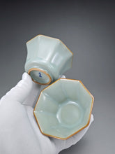 Load image into Gallery viewer, Pair of Matching 90ml Octagon Azure Ruyao Teacups 天青汝窑八角对杯