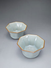 Load image into Gallery viewer, Pair of Matching 90ml Octagon Azure Ruyao Teacups 天青汝窑八角对杯