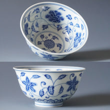 Load image into Gallery viewer, Wood Fired Qinghua 4 Seasons Flower Jingdezhen Porcelain Teacup 柴窑青花四季花杯 140ml