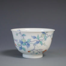 Load image into Gallery viewer, Wood Fired Doucai Morning Glory Jingdezhen Porcelain Teacup 柴窑斗彩牵牛花杯 115ml