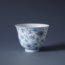 Load image into Gallery viewer, Wood Fired Doucai Flowers Jingdezhen Porcelain Teacup 柴窑斗彩菊花杯 90ml