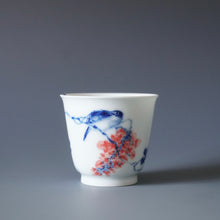Load image into Gallery viewer, 85ml Qinghua Flower and Bird Jingdezhen Porcelain Teacup by KuangShi 青花匡石手绘花鸟杯