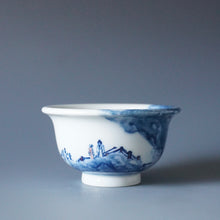 Load image into Gallery viewer, 115ml Qinghua Mountains Jingdezhen Porcelain Teacup by KuangShi 青花匡石匡石手绘泼墨见山杯