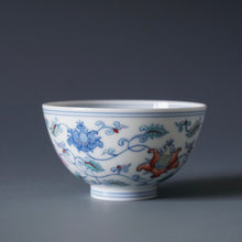 Load image into Gallery viewer, Wood Fired Doucai Lotus Scroll Jingdezhen Porcelain Chicken Heart Teacup 斗彩柴窑缠枝莲鸡心杯 100ml