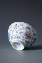 Load image into Gallery viewer, Wood Fired Doucai Lotus Scroll Jingdezhen Porcelain Chicken Heart Teacup 斗彩柴窑缠枝莲鸡心杯 100ml
