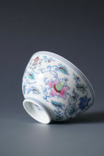 Load image into Gallery viewer, Wood Fired Doucai Lotus Scroll Jingdezhen Porcelain Chicken Heart Teacup 斗彩柴窑缠枝莲鸡心杯 100ml