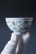 Load image into Gallery viewer, Wood Fired Doucai Lotus Scroll Jingdezhen Porcelain Chicken Heart Teacup 斗彩柴窑缠枝莲鸡心杯 100ml