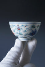 Load image into Gallery viewer, Wood Fired Doucai Lotus Scroll Jingdezhen Porcelain Chicken Heart Teacup 斗彩柴窑缠枝莲鸡心杯 100ml
