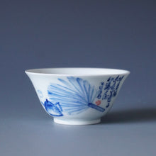 Load image into Gallery viewer, 60ml Qinghua Fan and Teapot Porcelain Teacup by KuangShi 青花匡石手绘消暑莲子杯