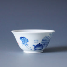 Load image into Gallery viewer, 60ml Qinghua Fan and Teapot Porcelain Teacup by KuangShi 青花匡石手绘消暑莲子杯