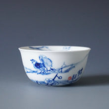Load image into Gallery viewer, 85ml Qinghua Plum Blossoms and Birds Porcelain Teacup by KuangShi 青花匡石手绘梅花三鸟杯