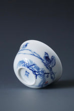 Load image into Gallery viewer, 85ml Qinghua Plum Blossoms and Birds Porcelain Teacup by KuangShi 青花匡石手绘梅花三鸟杯