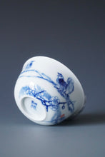 Load image into Gallery viewer, 85ml Qinghua Plum Blossoms and Birds Porcelain Teacup by KuangShi 青花匡石手绘梅花三鸟杯