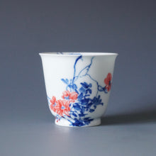Load image into Gallery viewer, 85ml Qinghua Flowers and Birds Porcelain Lingyun Teacup by KuangShi 青花匡石手绘花鸟凌云杯