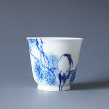 Load image into Gallery viewer, 85ml Qinghua Crane and Pine Tree Porcelain Teacup by KuangShi 青花匡石手绘花鸟松风杯