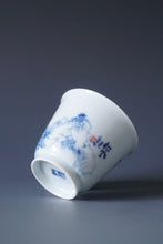Load image into Gallery viewer, 85ml Qinghua Crane and Pine Tree Porcelain Teacup by KuangShi 青花匡石手绘花鸟松风杯
