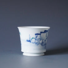 Load image into Gallery viewer, 85ml Qinghua Water Town Jingdezhen Porcelain Teacup by KuangShi 青花匡石手绘水乡杯