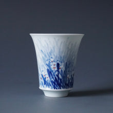 Load image into Gallery viewer, 60ml Qinghua Early Spring Sparrow Jingdezhen Porcelain Teacup by KuangShi 青花匡石手绘麻雀春早杯