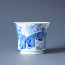 Load image into Gallery viewer, 85ml Qinghua Birds and Banana Tree Porcelain Teacup by KuangShi 青花匡石手绘花鸟蕉荫杯