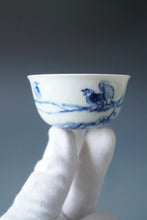 Load image into Gallery viewer, 85ml Qinghua Plum Blossoms and Birds Porcelain Teacup by KuangShi 青花匡石手绘梅花三鸟杯