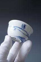 Load image into Gallery viewer, 85ml Qinghua Plum Blossoms and Birds Porcelain Teacup by KuangShi 青花匡石手绘梅花三鸟杯