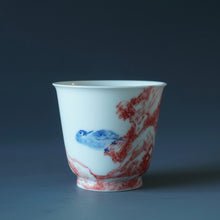 Load image into Gallery viewer, 85ml Qinghua Bird and Rock Porcelain Teacup by KuangShi 青花匡石鸟石迎春杯