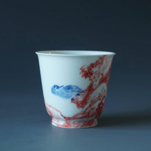 Load image into Gallery viewer, 85ml Qinghua Bird and Rock Porcelain Teacup by KuangShi 青花匡石鸟石迎春杯