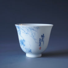 Load image into Gallery viewer, 90ml Qinghua Plum Blossoms Porcelain Teacup by KuangShi 青花匡石梅花清影杯
