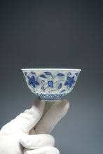 Load image into Gallery viewer, Wood Fired Qinghua 4 Seasons Flower Jingdezhen Porcelain Teacup 柴窑青花四季花杯 140ml
