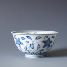Load image into Gallery viewer, Wood Fired Qinghua 4 Seasons Flower Jingdezhen Porcelain Teacup 柴窑青花四季花杯 140ml
