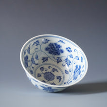 Load image into Gallery viewer, Wood Fired Qinghua 4 Seasons Flower Jingdezhen Porcelain Teacup 柴窑青花四季花杯 140ml