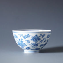 Load image into Gallery viewer, Wood Fired Qinghua Flowers Jingdezhen Porcelain Teacup 柴窑青花花卉杯 100ml