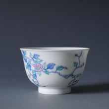 Load image into Gallery viewer, Wood Fired Doucai Morning Glory Jingdezhen Porcelain Teacup 柴窑斗彩牵牛花杯 115ml