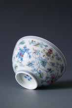 Load image into Gallery viewer, Wood Fired Doucai Lotus Scroll Jingdezhen Porcelain Chicken Heart Teacup 斗彩柴窑缠枝莲鸡心杯 100ml