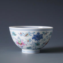 Load image into Gallery viewer, Wood Fired Doucai Lotus Scroll Jingdezhen Porcelain Chicken Heart Teacup 斗彩柴窑缠枝莲鸡心杯 100ml