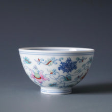 Load image into Gallery viewer, Wood Fired Doucai Lotus Scroll Jingdezhen Porcelain Chicken Heart Teacup 斗彩柴窑缠枝莲鸡心杯 100ml