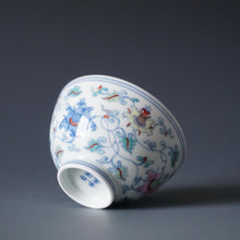Load image into Gallery viewer, Wood Fired Doucai Lotus Scroll Jingdezhen Porcelain Chicken Heart Teacup 斗彩柴窑缠枝莲鸡心杯 100ml