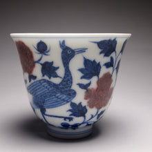 Load image into Gallery viewer, Qinghua Youlihong Peacock Flower Goddess Teacup, 青花釉里红缠枝孔雀花神杯