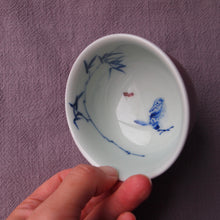 Load image into Gallery viewer, 120ml Fanggu Technique Bird and Bamboo Jihong and Qinghua Porcelain Teacup 璟色堂霁红杯