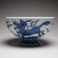 Load image into Gallery viewer, Qinghua Kirin High-Base Jingdezhen Porcelain Teacup, 青花高足宽口杯(麒麟)
