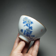 Load image into Gallery viewer, 125ml Qinghua chrysanthemum Moon White Ruyao Teacup, 青花月白汝窑茶杯