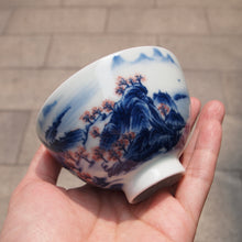 Load image into Gallery viewer, Qinghua Wucai Landscape Chicken Heart Porcelain Teacup 耕隐重工青花山水鸡心杯