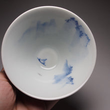 Load image into Gallery viewer, 140ml Fanggu Technique Sailboat and Mountains, Jihong and Qinghua Porcelain Douli Teacup 青花霁红杯