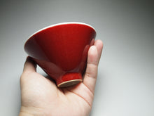 Load image into Gallery viewer, 140ml Fanggu Technique Sailboat and Mountains, Jihong and Qinghua Porcelain Douli Teacup 青花霁红杯