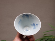 Load image into Gallery viewer, 140ml Fanggu Technique Sailboat and Mountains, Jihong and Qinghua Porcelain Douli Teacup 青花霁红杯